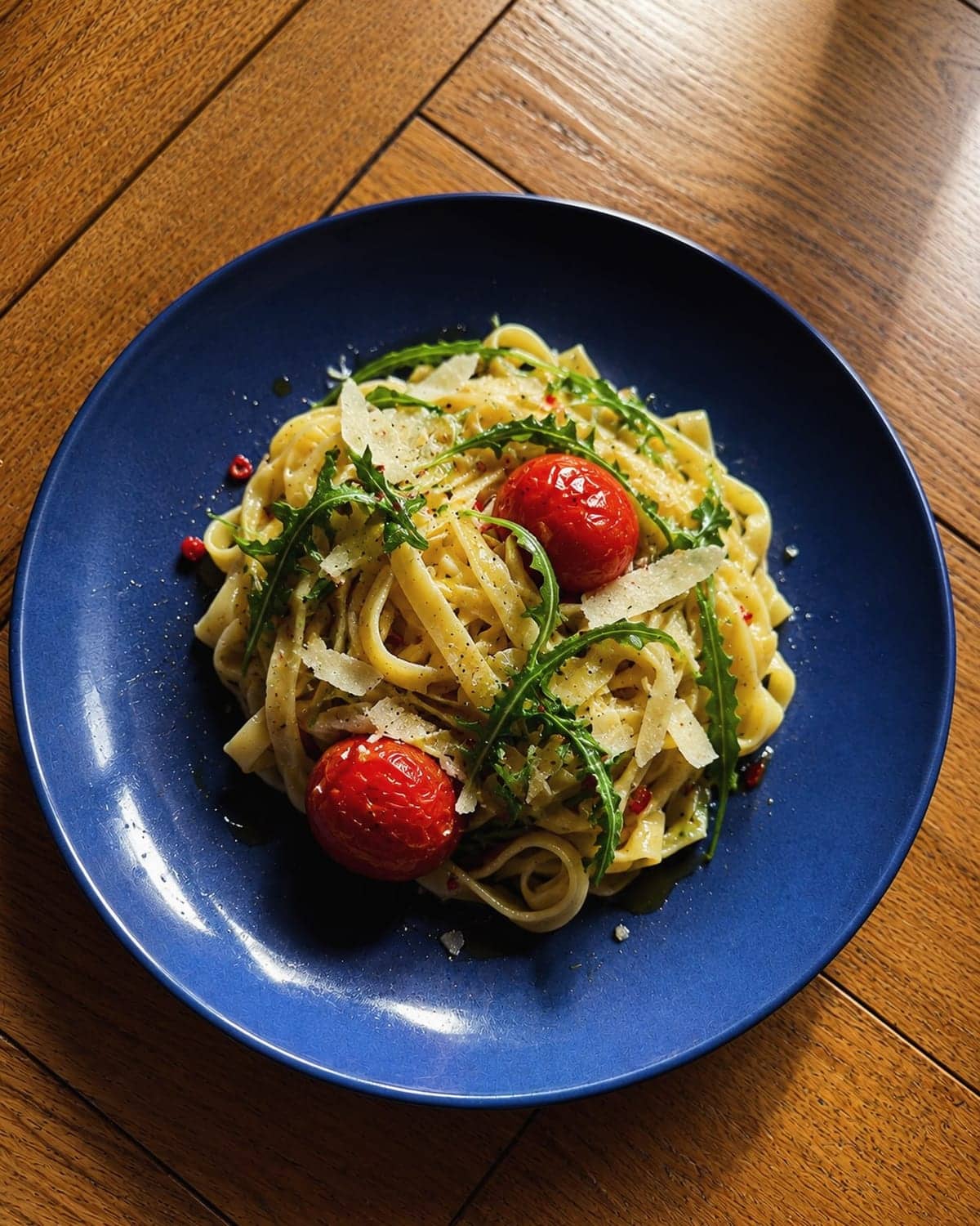 Aglio, olio e peperoncino with rocket, Parmigiano and roasted cherry tomatoes on a deep blue plate