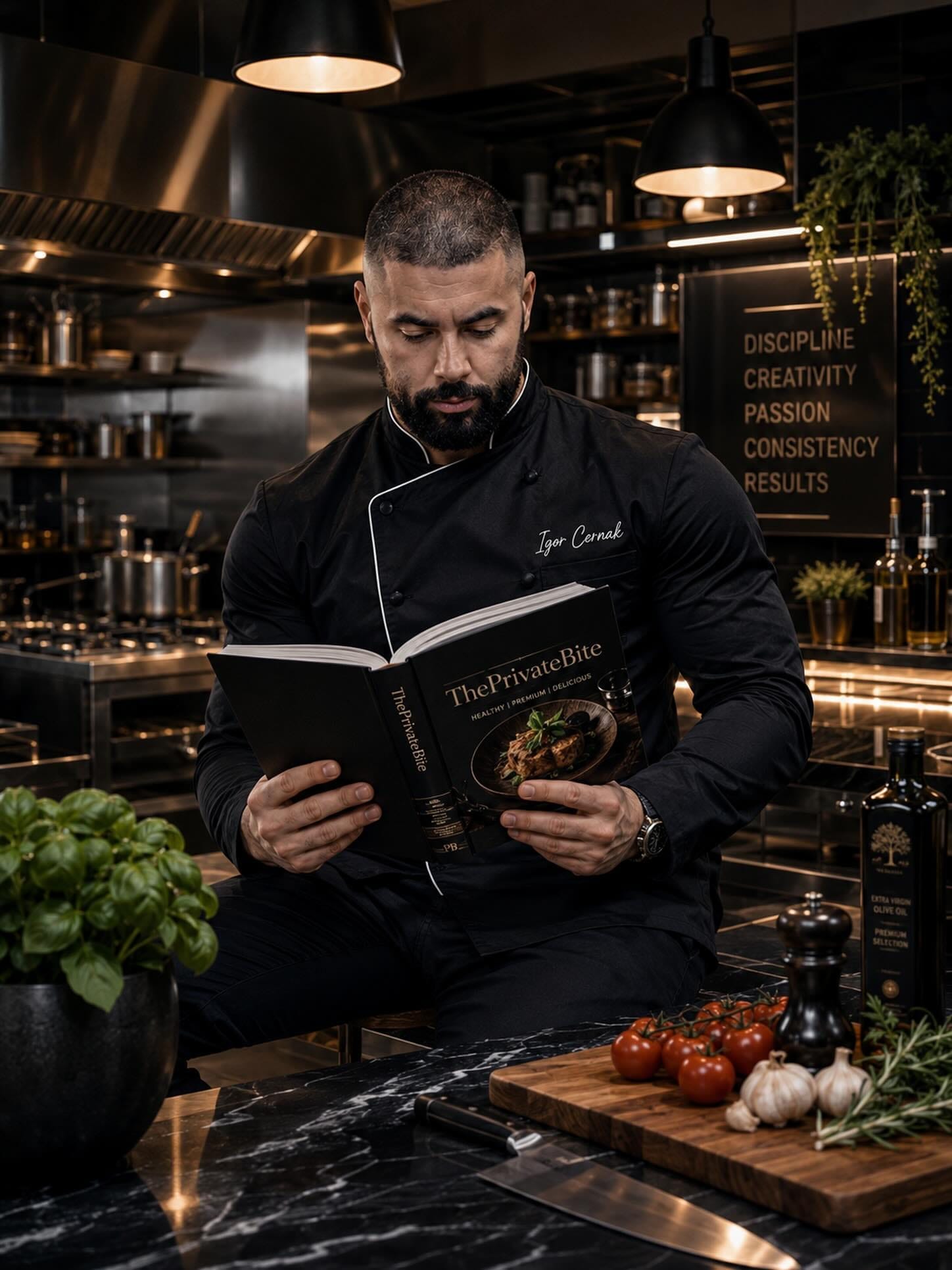PrivateBite Bali private chef reading a cookbook in a professional kitchen